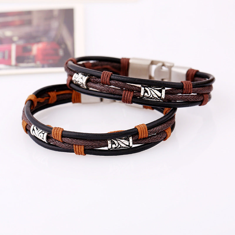 Punk Leather Bracelets Woven Wax Rope Retro Winding Multilayer Gift Bracelet for Men