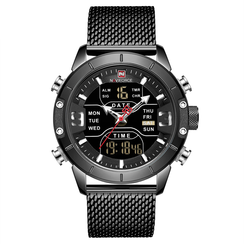 NAVIFORCE 9153 Business Style LED Dual Digital Watch Waterproof Full Steel Quartz Watch