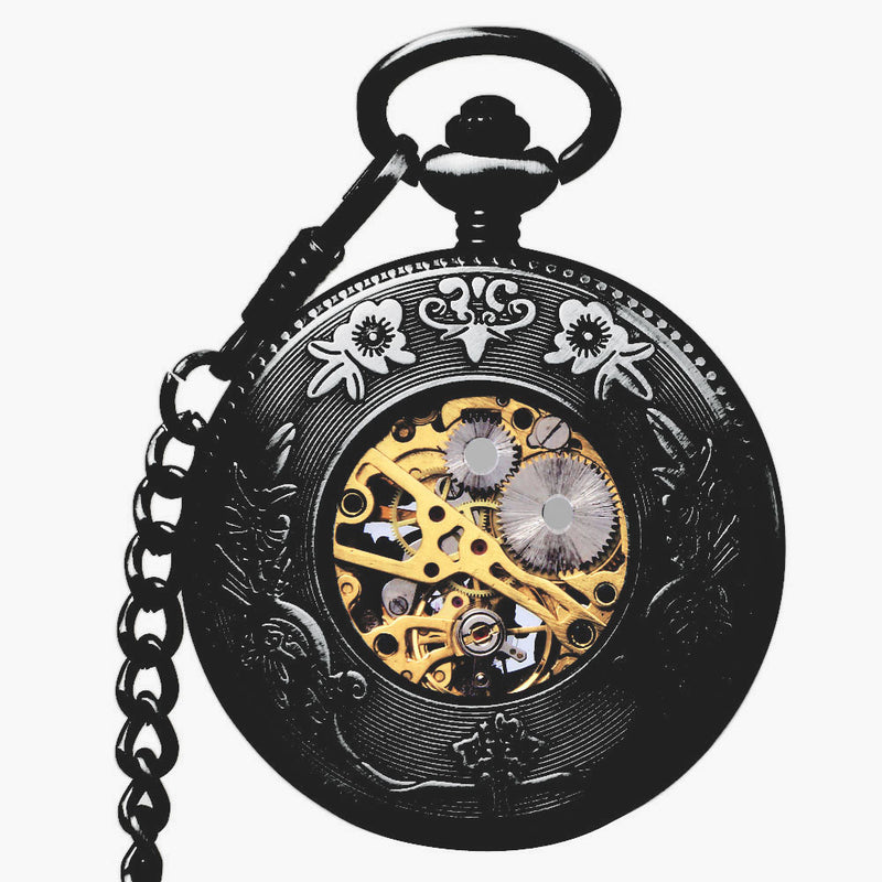 JIJIA JX014 Crane Pattern Hollow Black Bronze Mechanical Pocket Watch