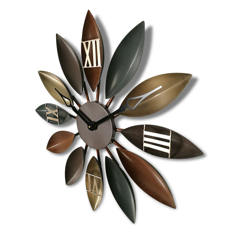 Loskii Antique Industrial Wind Iron Leaves Wall Clock Novel Style American Retro Metal Wall Clock