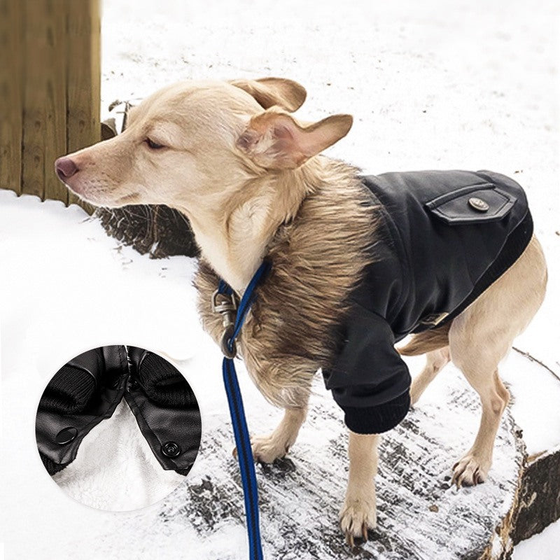 Nsmsan KLN-1725 Pet Fur Collar Leather Coats Waterproof Pet Dog Winter Warm Coats Puppy Cold Weather Clothes