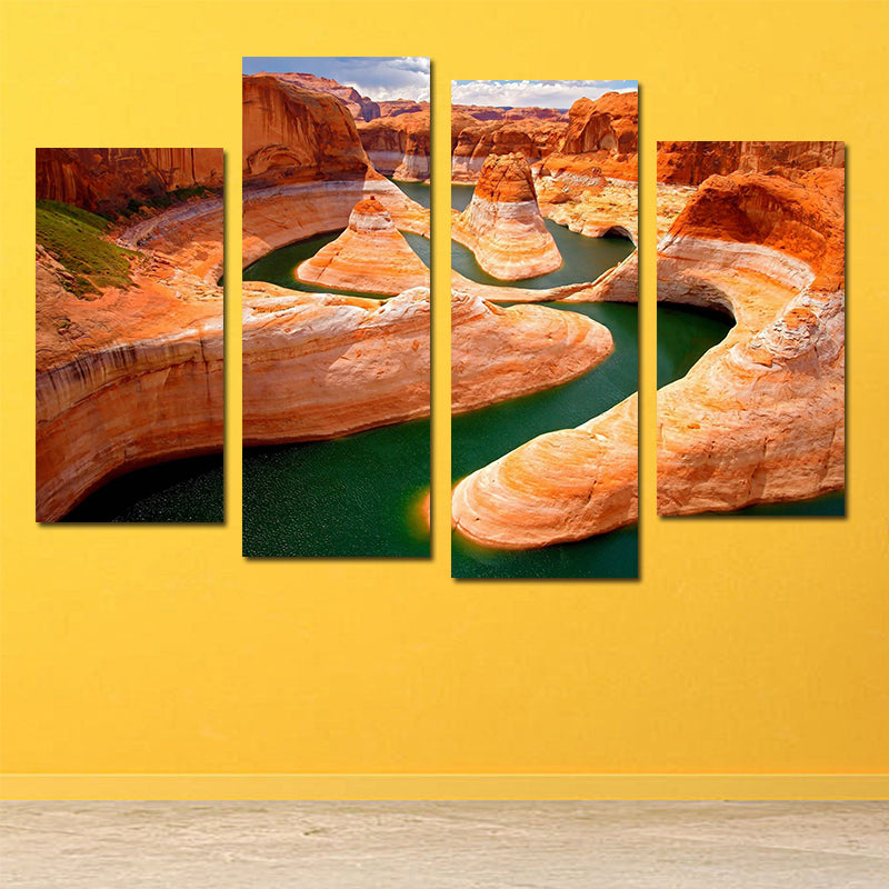 Miico Hand Painted Four Combination Decorative Paintings Canyon River Wall Art For Home Decoration
