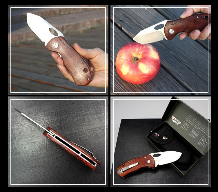 Enlan EL-05 Folding Pocket Knife with 8Cr13Mov Blade Wood Handle Liner Lock Stainless Steel Knife Home Cutter