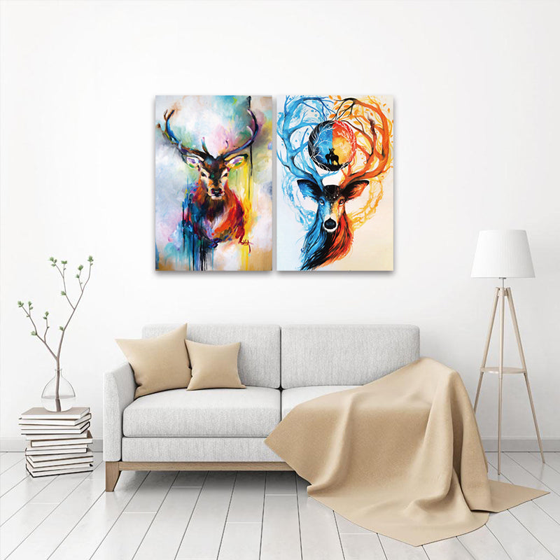 Miico Hand Painted Combination Decorative Paintings Animal Deer Wall Art For Home Decoration