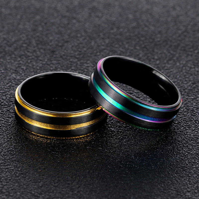 7mm Black Gold Double Plating Finger Rings Titanium Steel Slot Groove Ring Jewelry for Men