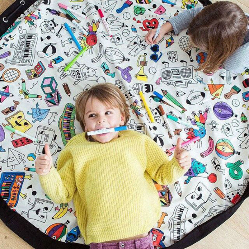 Doodling Play Mat Toy Storage Canvas Bag Durable Floor Activity Organizer Mat Large Drawstring Portable Container for Kids Toys
