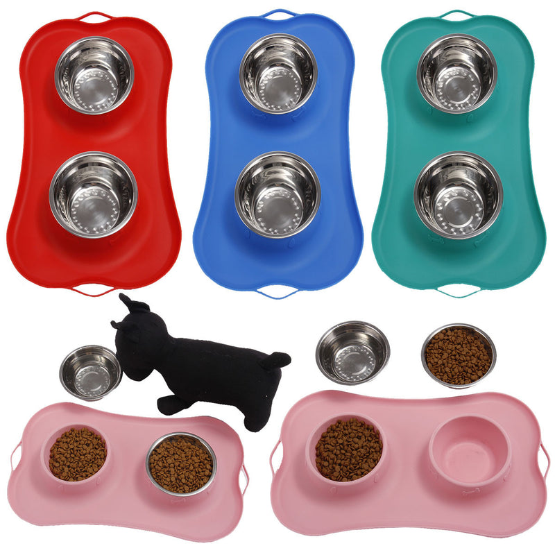 Stainless Steel Dog Cat Bowl Non Spill Silicone Mat Pet Water Food Dish Feeder