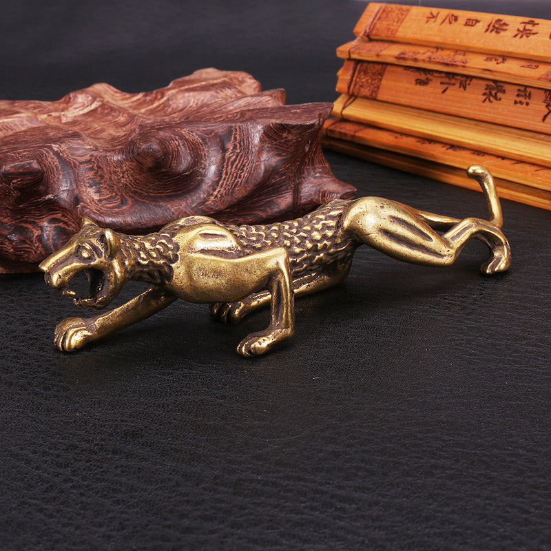 Chinese Antique Collection Asian Brass leopard Exquisite Pen Holder Statue Decorations