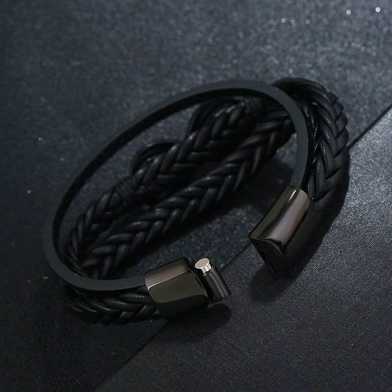 Stainless Steel Buckle Leather Alloy Black Plated 8 Word Imitation Leather Bracelet