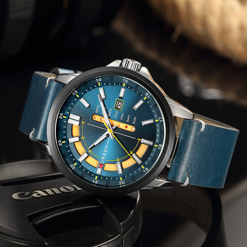 CURREN 8307 Calendar Unique Design Men Wrist Watch Genuine Leather Quartz Watch