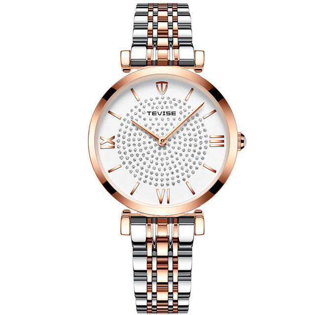 TEVISE T09 Waterproof Simple Style Women Wrist Watch Full Steel Band Quartz Watch