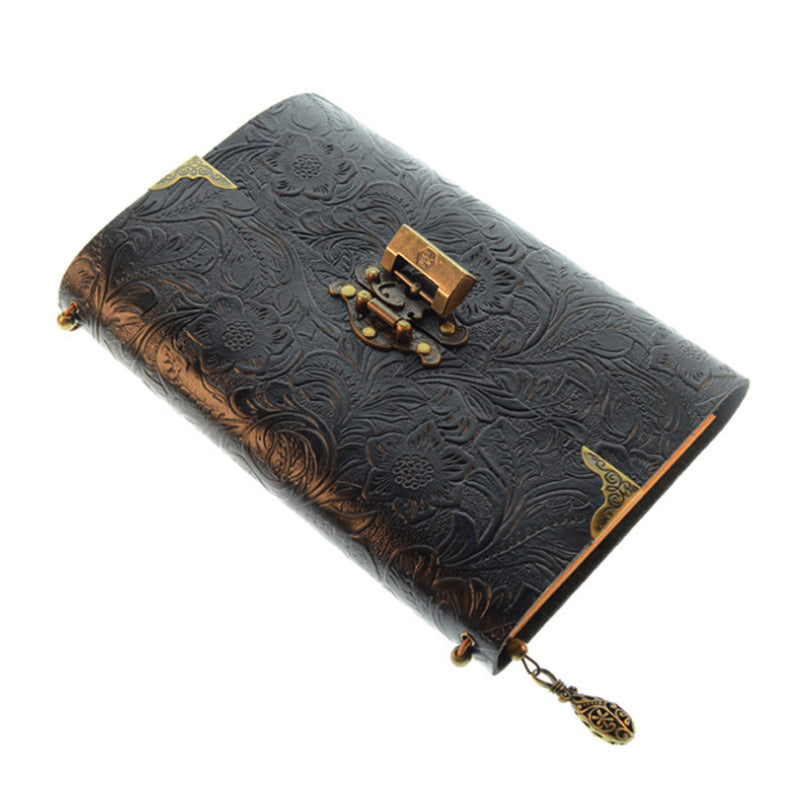 Embossed Pattern Soft Leather Travel Notebook with lock and Key Diary Notepad Kraft Paper for Business Sketching & Writing
