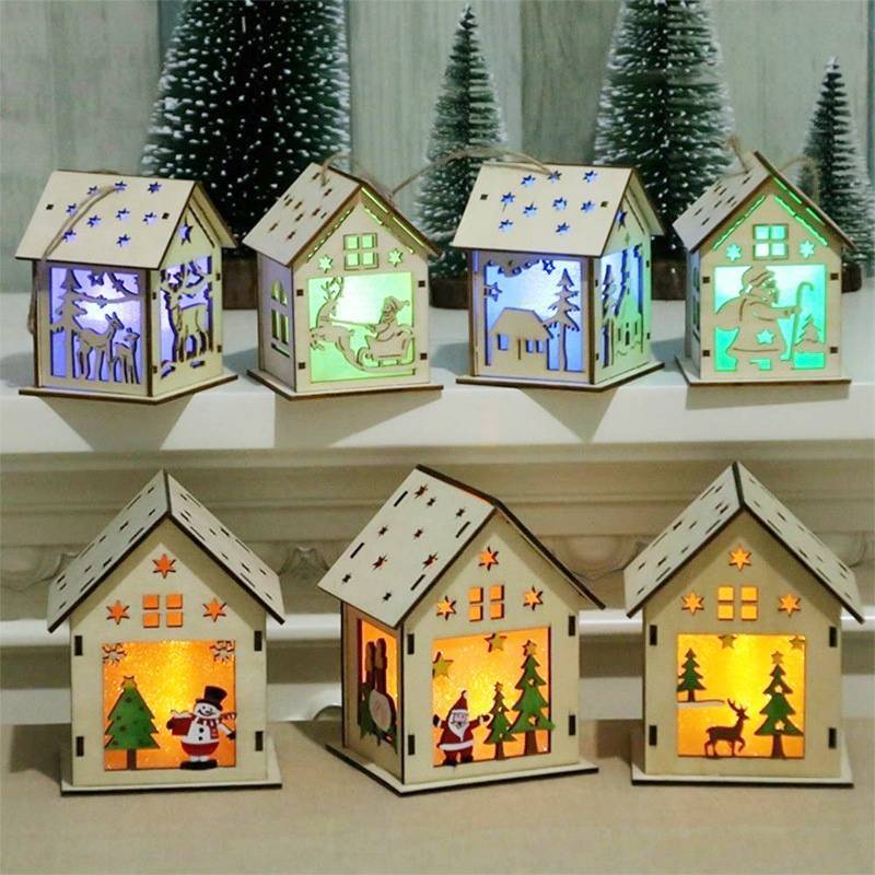 LED Light Wood Cute Christmas Tree Hanging Ornaments Holiday Decorations