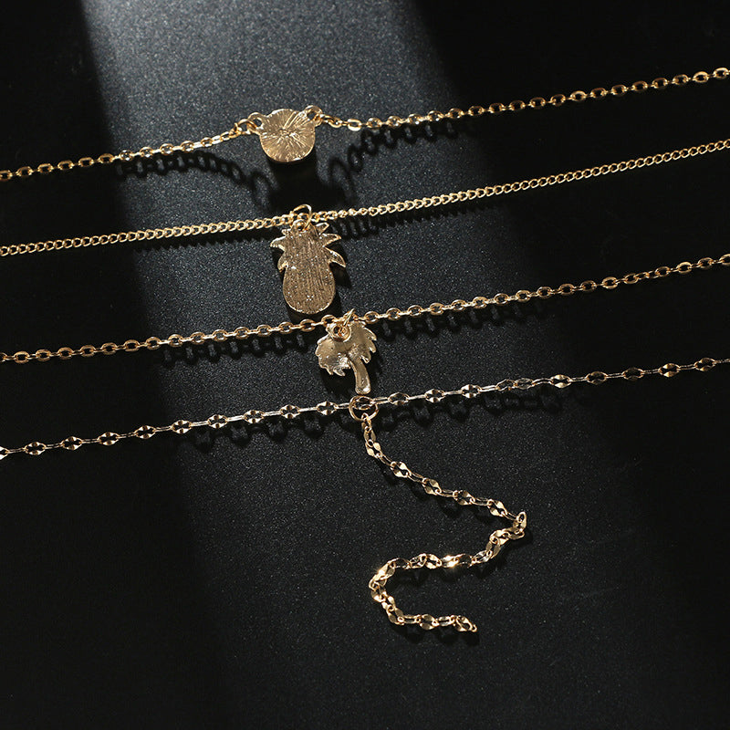 Boehmian Multilayer Gold Necklace Pineapple Coconut Tree Tassels Pendant Necklace for Women