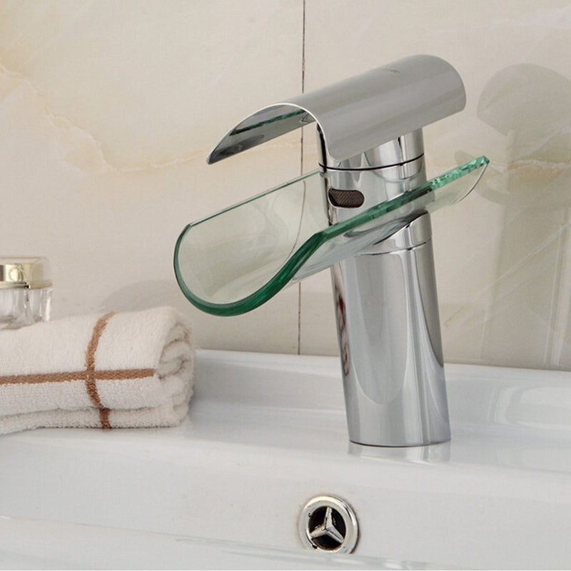 Glass Waterfall Mixer Tap Bathroom Basin Faucet Sink Single Lever Chrome Plated