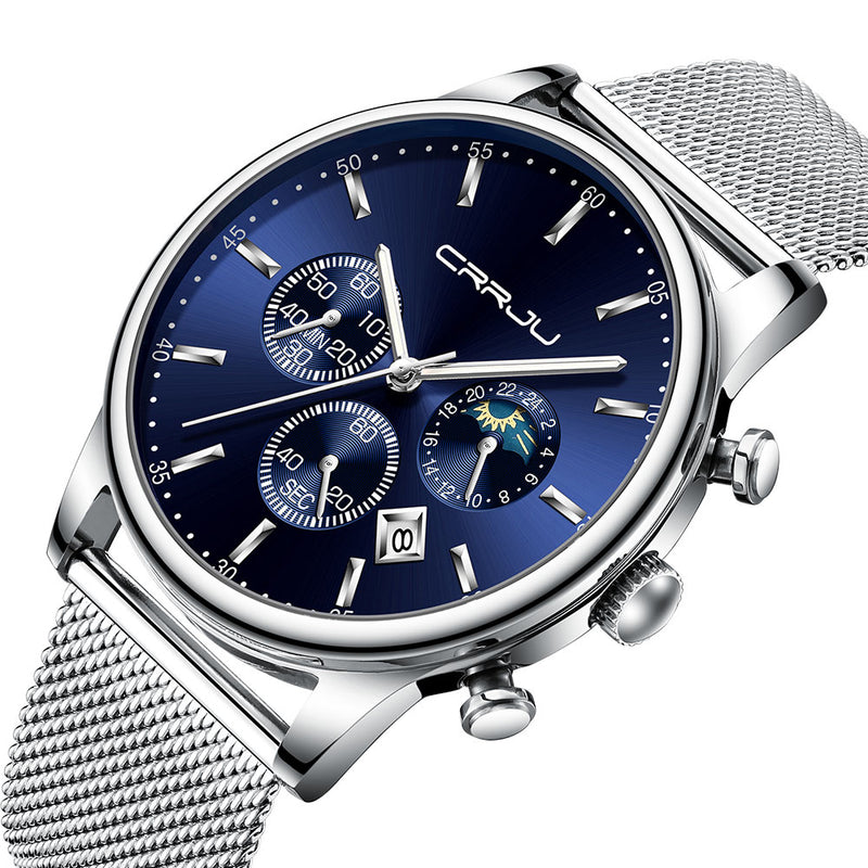 CRRJU 2266 Fashion Full Steel Mesh Calendar Chronograph 24hours Men Quartz Watch