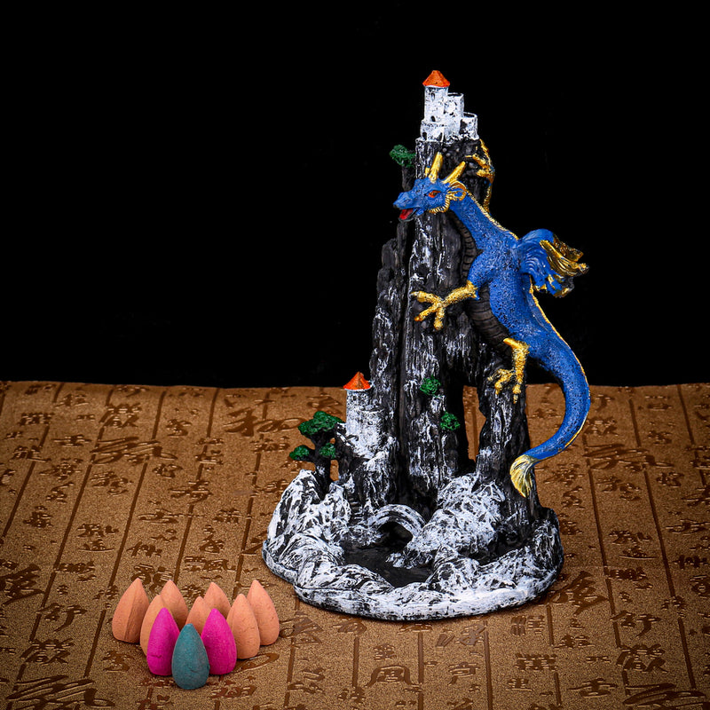 Backflow Incense Burner Resin Dragon Censer Holder + Cone Home Decor 13.5x22.5cm