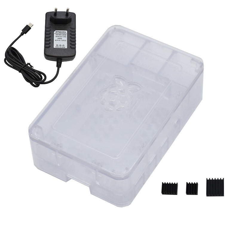 Updated ABS Enclosure Box V4 Case+5V/3A EU Standard Plug Power Supply+3*Black Heat Sink Set for Raspberry Pi 4