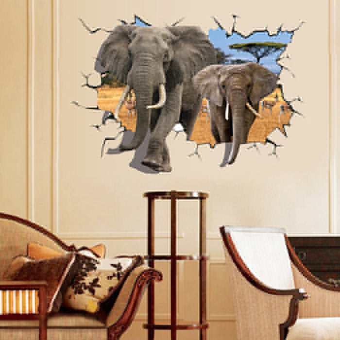 Creative 3D African Animal Elephants PVC Broken Wall Sticker DIY Removable Decor Waterproof Stickers