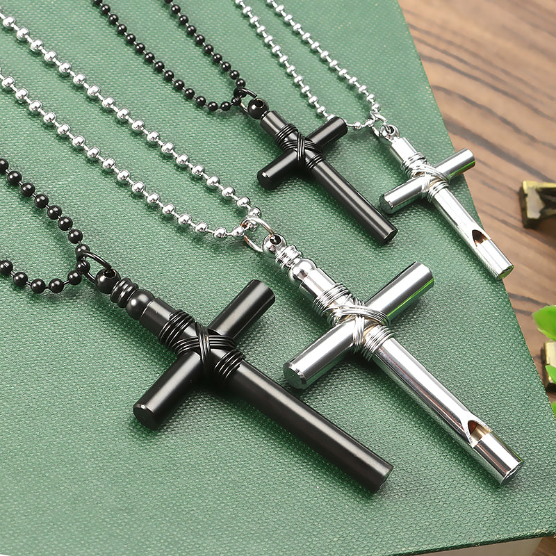Cross Whistle Pendant Women Men Long Necklace Jewelry Couple Gifts