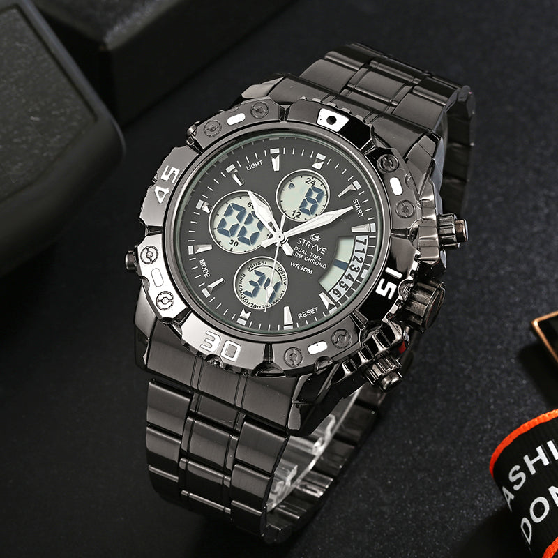 STRYVE S8018 Men Full Steel Waterproof Date Week Chrono Alarm Clock Dual Display Digital Watch