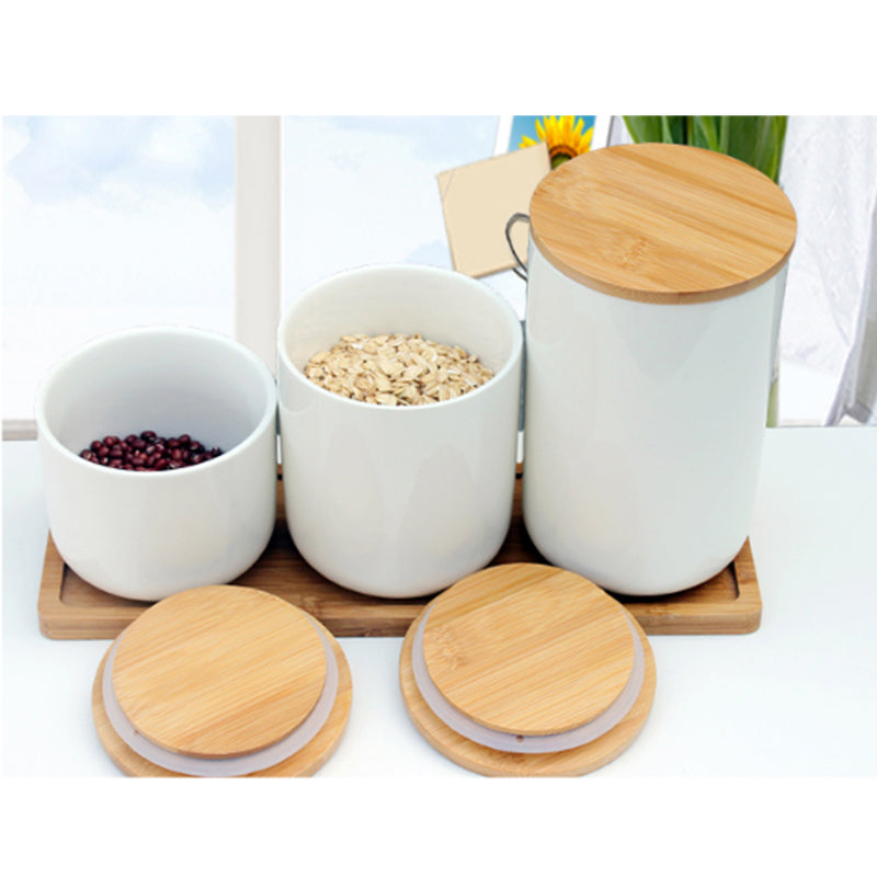 Ceramic Storage Jars Wooden Lids Sugar Tea Coffee Canisters Kitchen Container