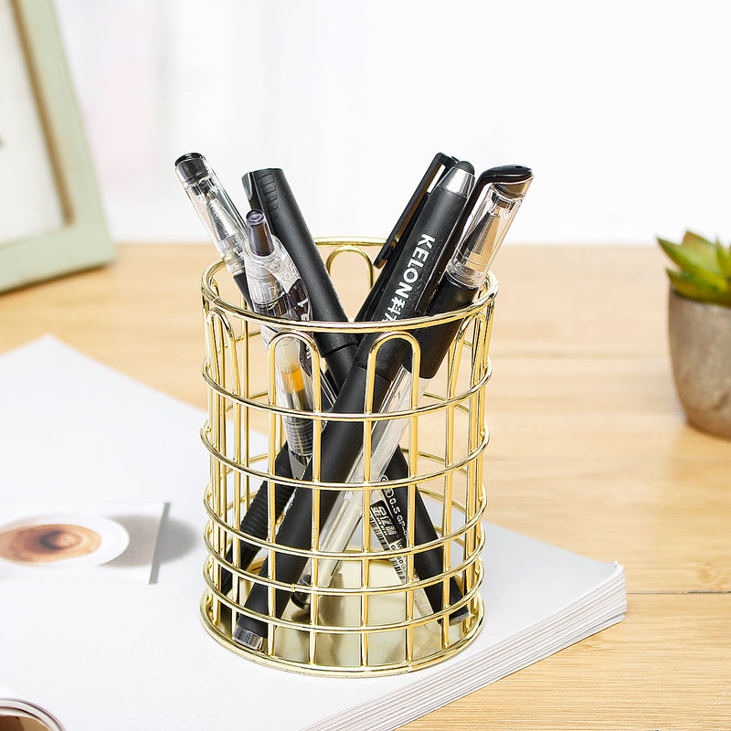 Modern Simple Creative Round Hollow Metal Pen Holder Hollow Mesh Pen Cup Multifunctional Desktop Stationery Pens Pencils Storage Iron Pencil Case