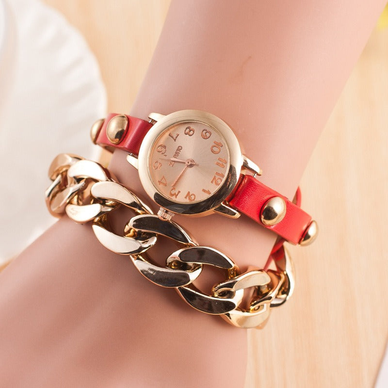 Fashion Women Winding Bracelet Watch Leather Band Ladies Dress Quartz Watch