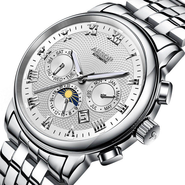 Aesop 9016G Full Steel Automatic Mechanical Watch 3ATM Waterproof Calendar Men Watch