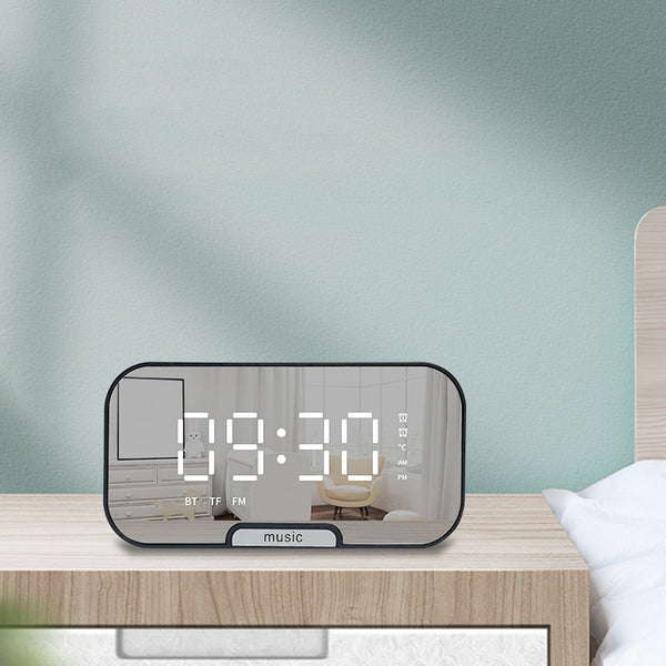 Digital Mirror Alarm Clock bluetooth Speaker with TF Card Slot FM Radio Phone Stand Full Screen LED Mirror Table Clock Time Date Temperature Display Home Decorations