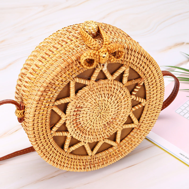 Women's Beach Handwoven Round Rattan Bag Straw Pattern Handbags Crossbody Tote