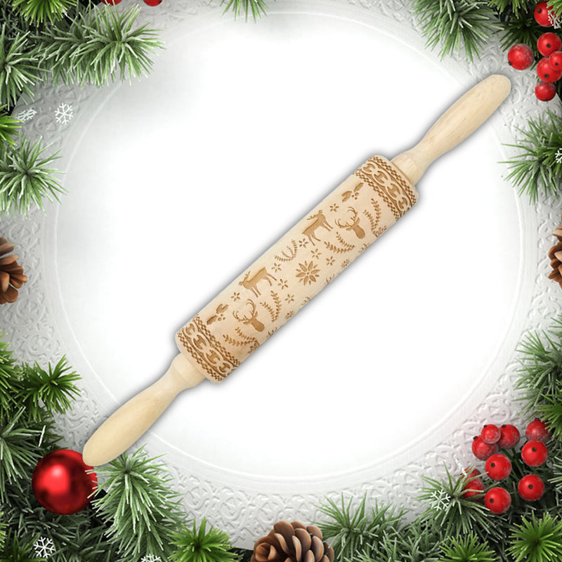 Loskii JM01688 Wooden Christmas Embossed Rolling Pin Dough Stick Baking Pastry Tool New Year Christmas Decoration