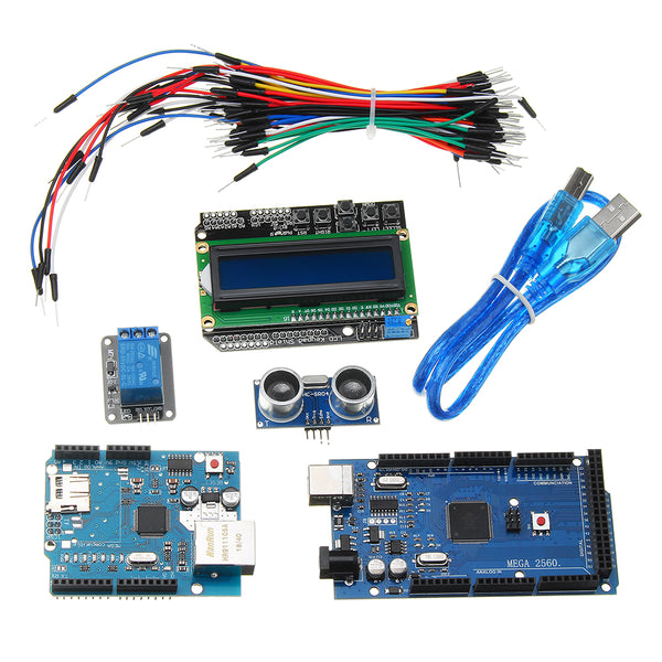 Mega 2560 R3 Starter Kits + HC-SR04 + Breadboard Cable + Relay Module + W5100 UNO Shield + LCD 1602 Keypad Shield