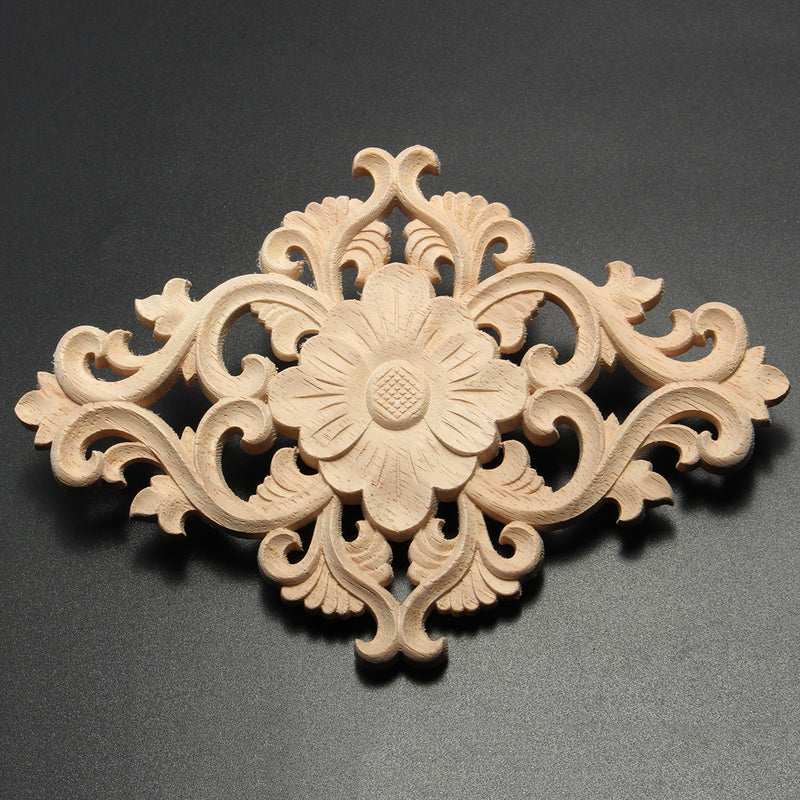 Wood Carving Applique Unpainted Onlay Flower Pattern Door Furniture Cabinet Decal Decor