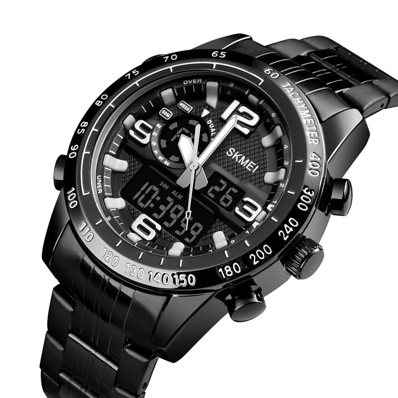 SKMEI 1453 Luxury Men Stopwatch Calendar Sport Stainless Steel Dual Disaplay Digital Watch