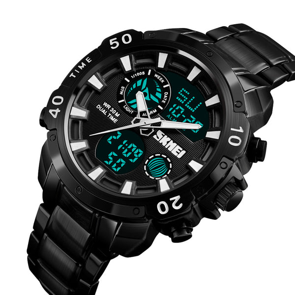 SKMEI 1306 Sports Style Chronograph Stainless Steel Dual Digital Watch Men Wrist Watch