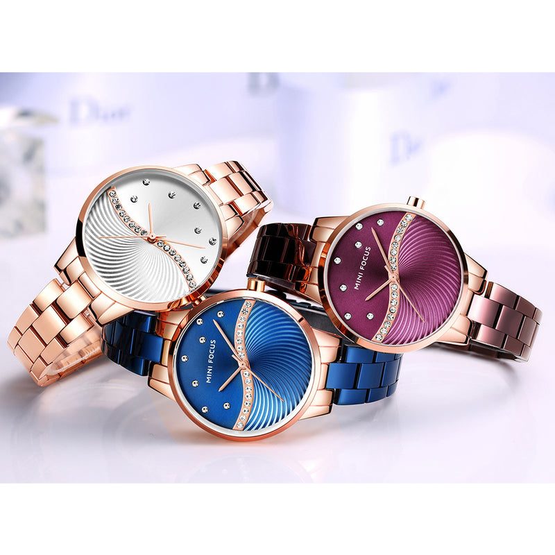 MINI FOCUS MF0263L Simple Deign Elegant Crystal Women Wrist Watch Stainless Steel Quartz Watch