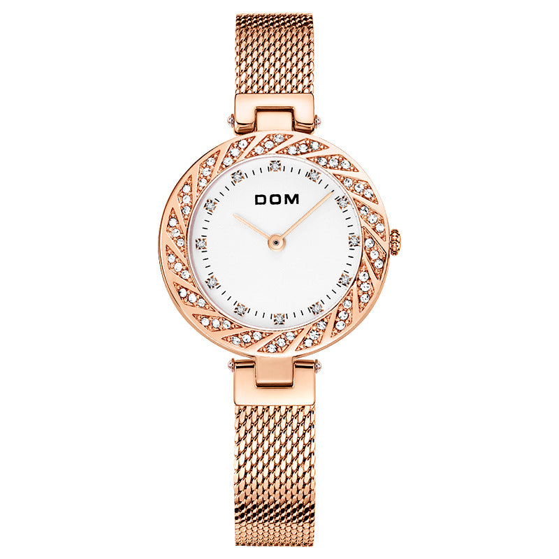 DOM G-1279 Crystal Casual Style Ladies Wrist Watch Mesh Steel Band Quartz Watch