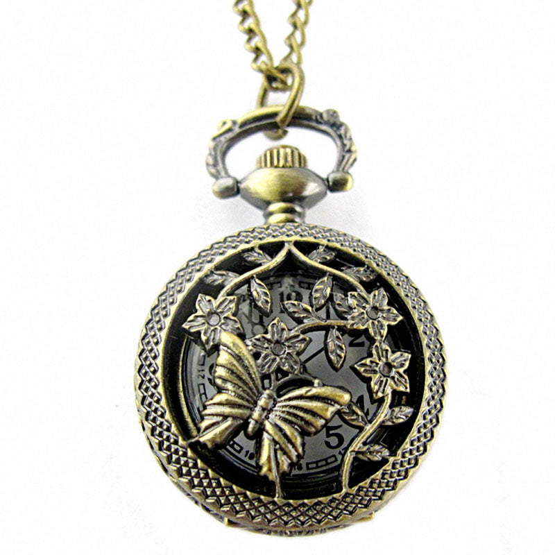 DEFFRUN Hollow Butterfly Flower Pattern Round Brown Quartz Pocket Watch