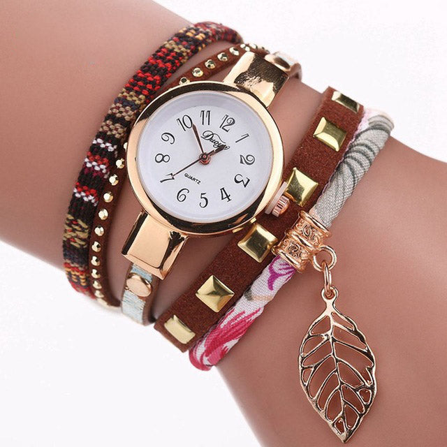DUOYA DY066 Ladies Bracelet Watch Leaf Fabric Retro Style Quartz Watches