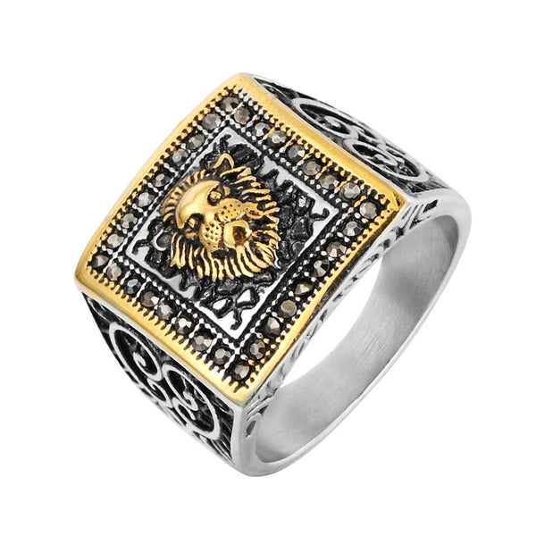 REZEX Vintage Diamond Lion Head Men's Stainless Ring With Case