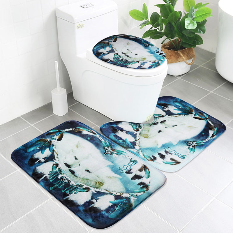 B68916 White Wolf Dream Catcher Bathroom Shower Curtain Lid Toilet Mat Cover Bath Floor Mat