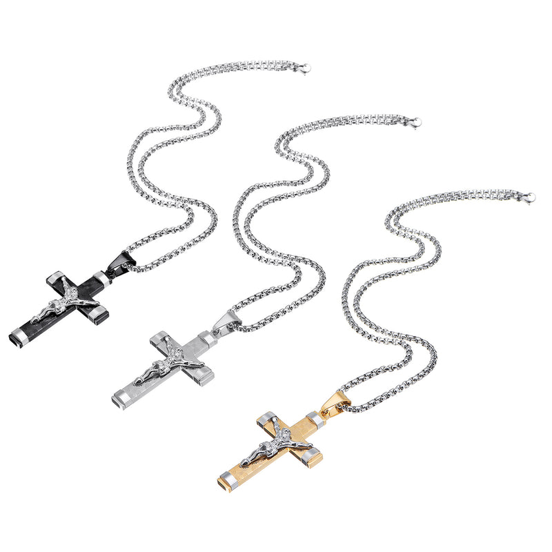 Stainless Steel Christ Jesus Cross Crucifix Patterned Pendant Necklace Chain