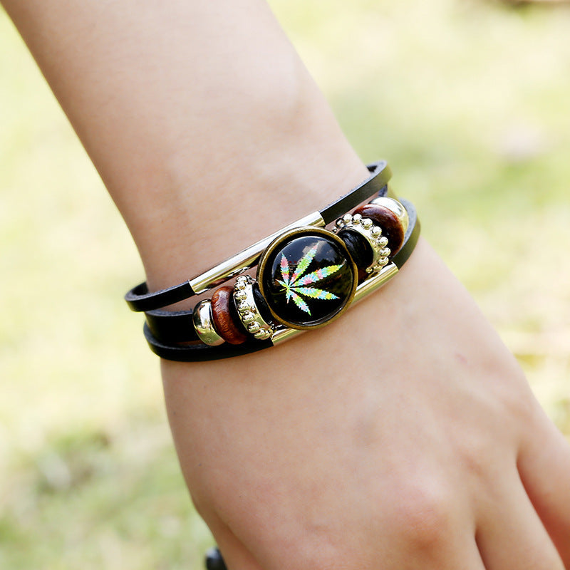 Punk Multilayer Unisex Bracelets Wooden Beads Maple Leaf Bracelet for Men