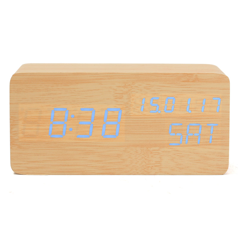 Wooden LED Digital Alarm Clock Dual Voice Control Calendar Thermometer