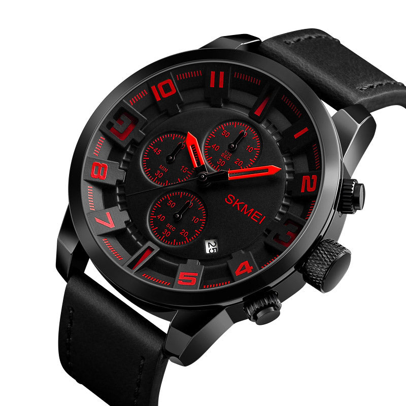 SKMEI 1309 Men Watch Fashion Leather Strap Three Smal Dials Stopwatch Male Quartz Wrist Watch