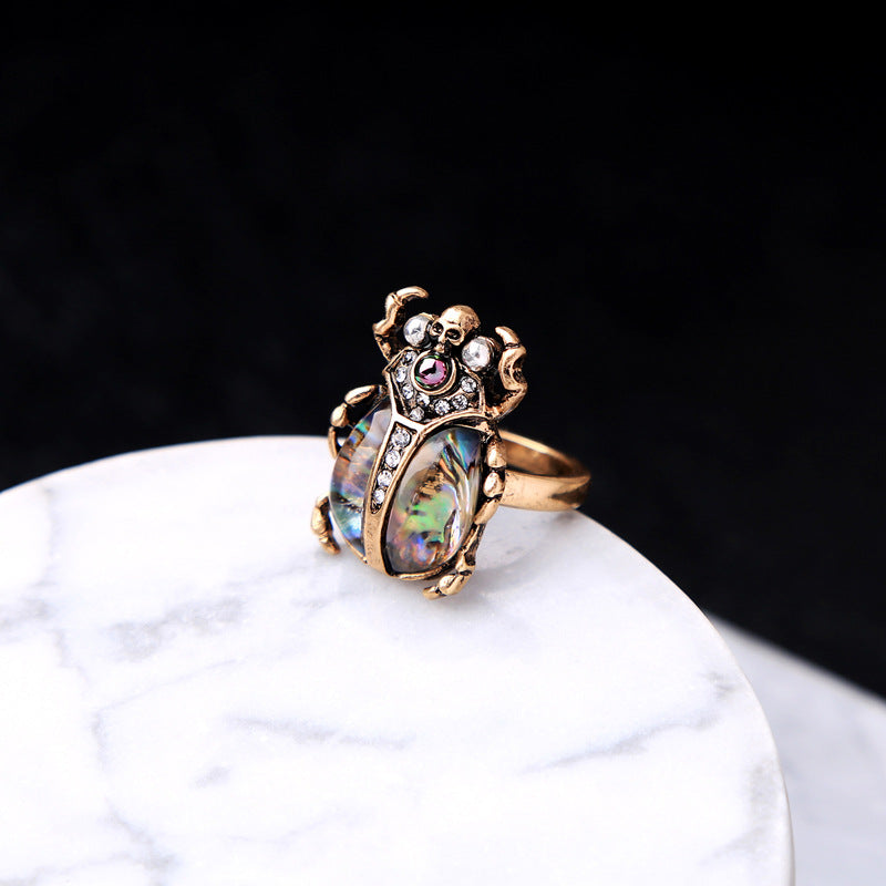 Retro Ladybug Women Ring Colorful Rhinestone Finger Ring Bronze Metal Ring