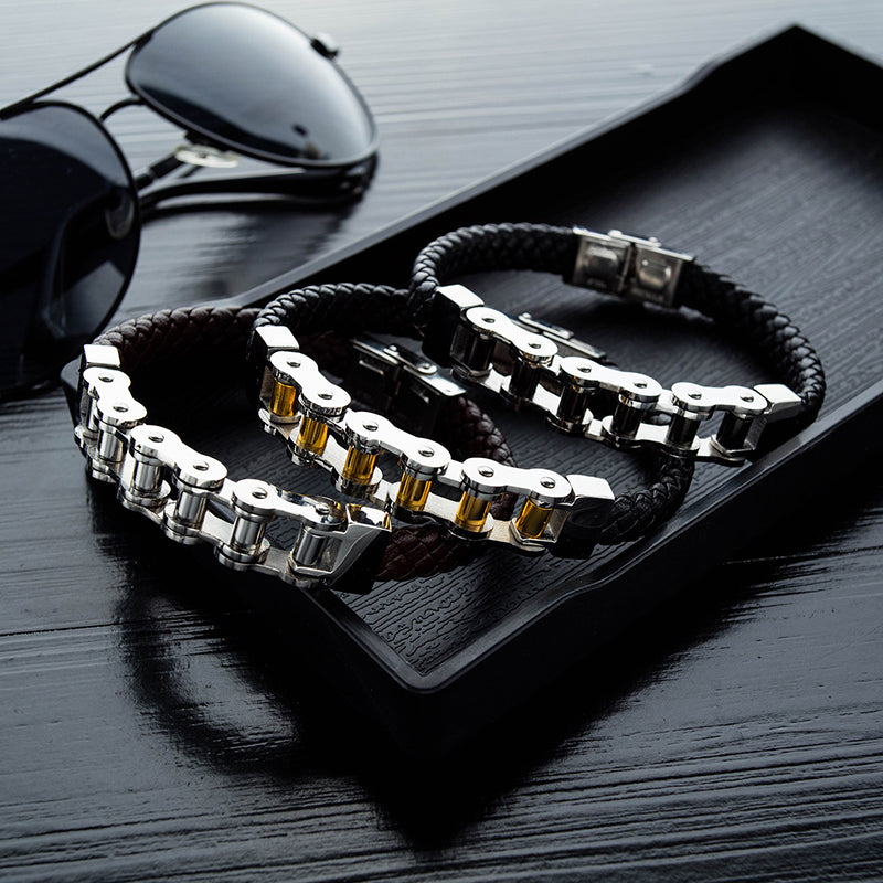 Leather Rope Woven Leather Stainless Steel Locomotive Chain Bracelet