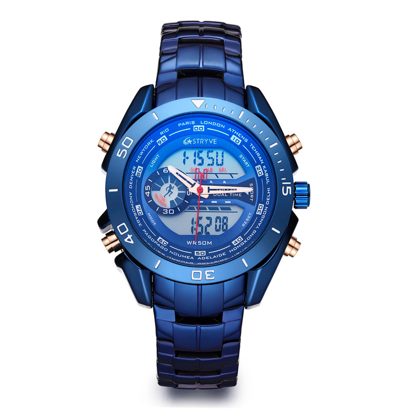 STRYVE S8019 Men Luminoud Display Alarm Clock Chronograph Sport Steel Strap Dual Display Digital Watch