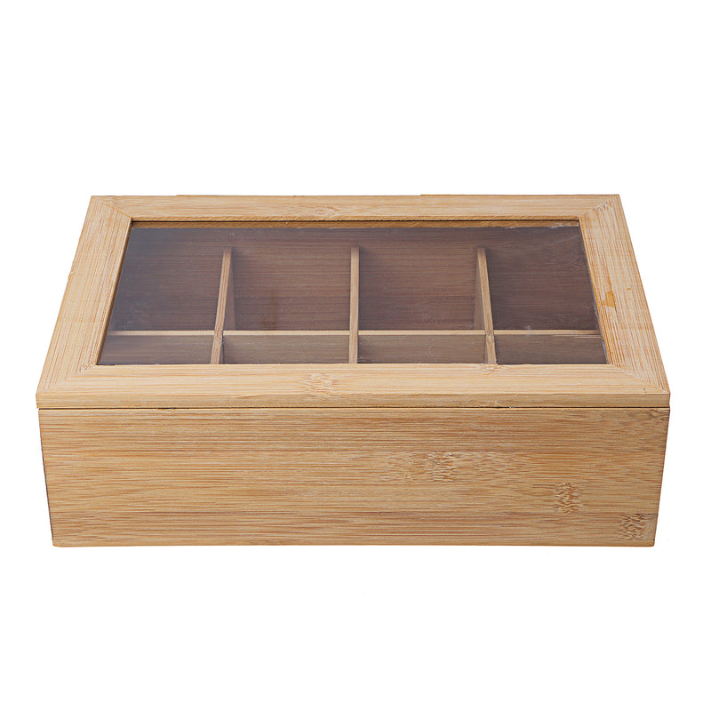 8 Compartments Wooden Tea Box Glass Top Lid Cover Container Teabags Display Storage Gift